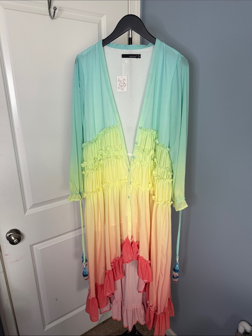 High-Low Ruffle Ombre Dress - Pastel Mint to Coral